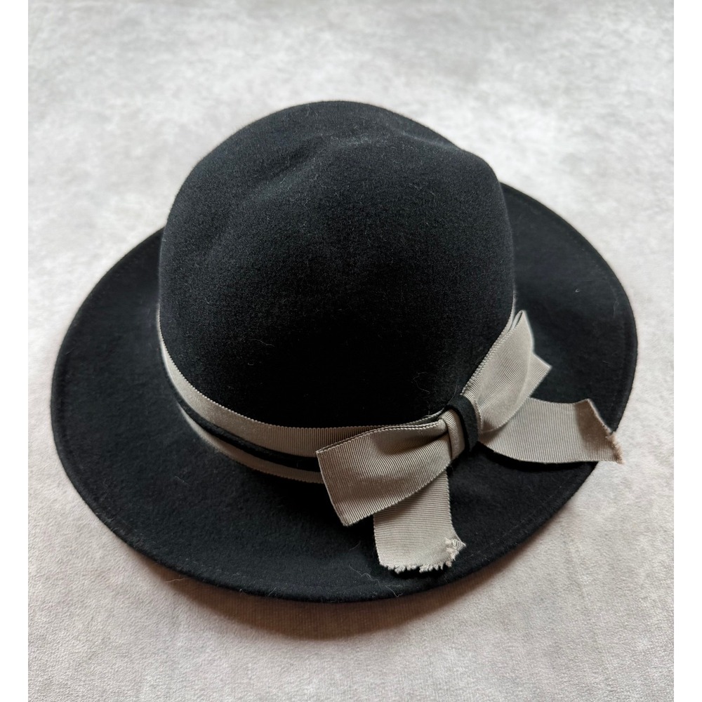 F&M Hat Company Womens Hat Wool Felt Black Wide Brim Cloche Ribbon Bow USA